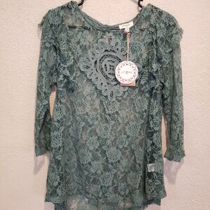 Umgee Women's Medium Green Lace Lined Off-Shoulder 3/4 Sleeve Peasant Knit Top